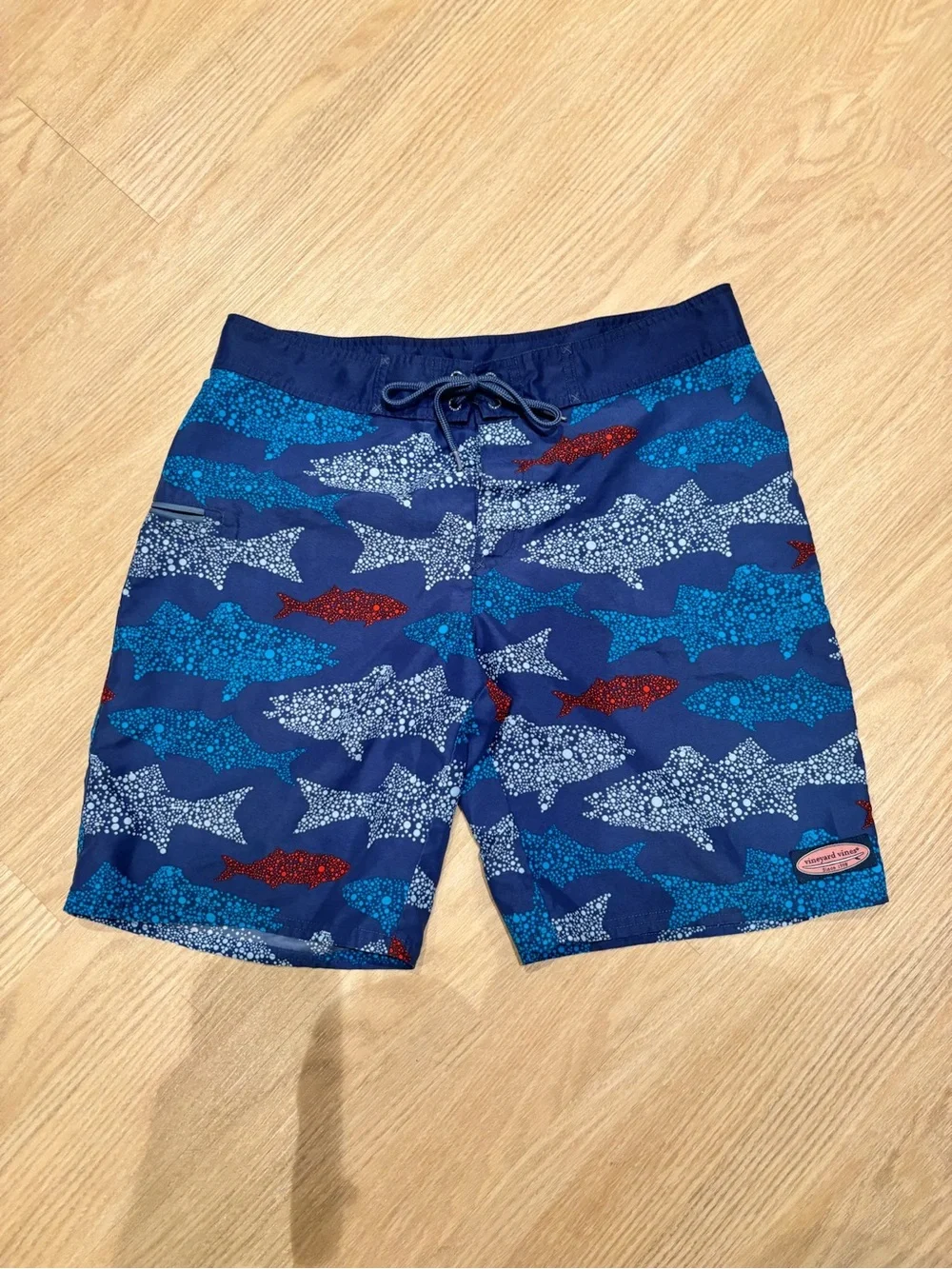 Vineyard Vines Navy Shark-Print Swim Board Shorts with Blue & Red Accents
